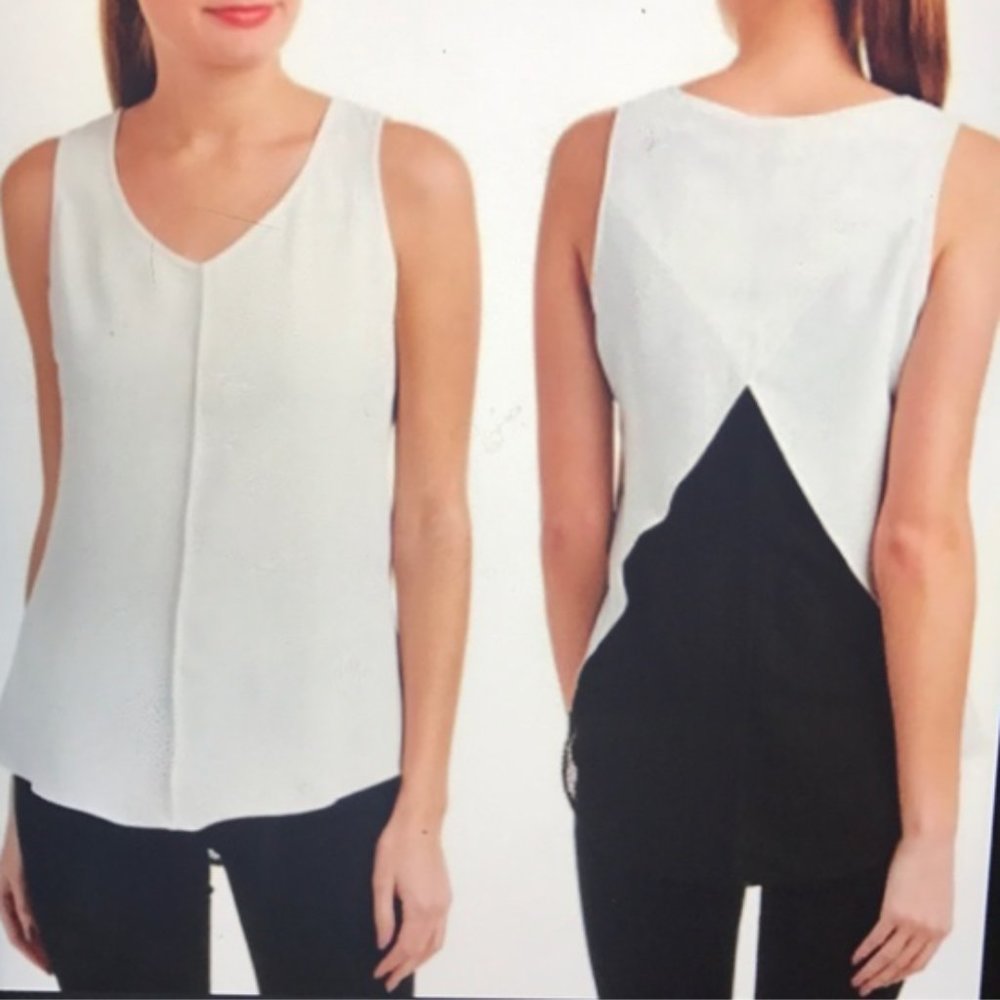 CAbi White and Black Sleeveless Split-Back Blouse
